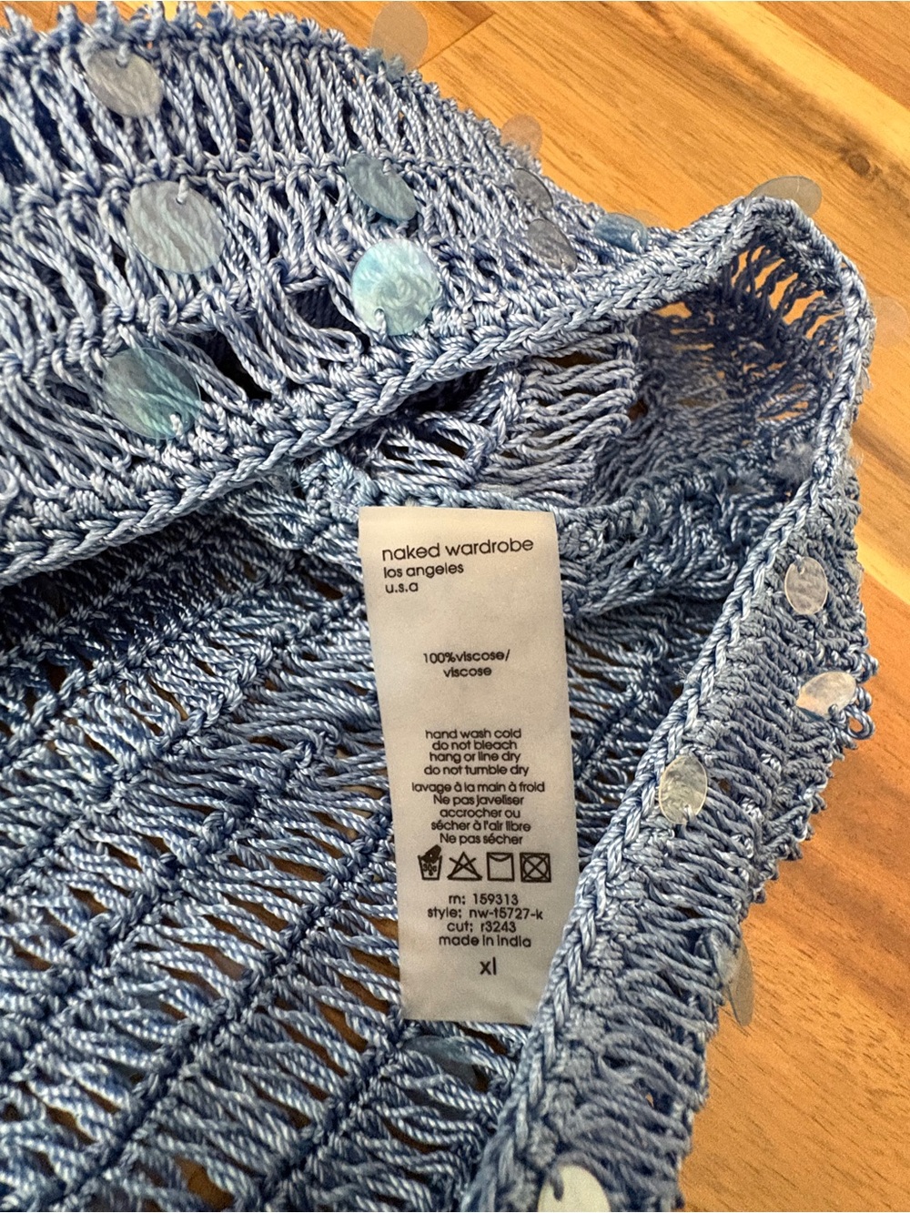 NWT Naked Wardrobe Sz XL Blue Sequin Crocheted Boat Neck See Through Crop Top - Picture 8 of 10